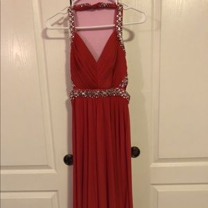 Red Halter Prom Dress w Jeweled Cutouts